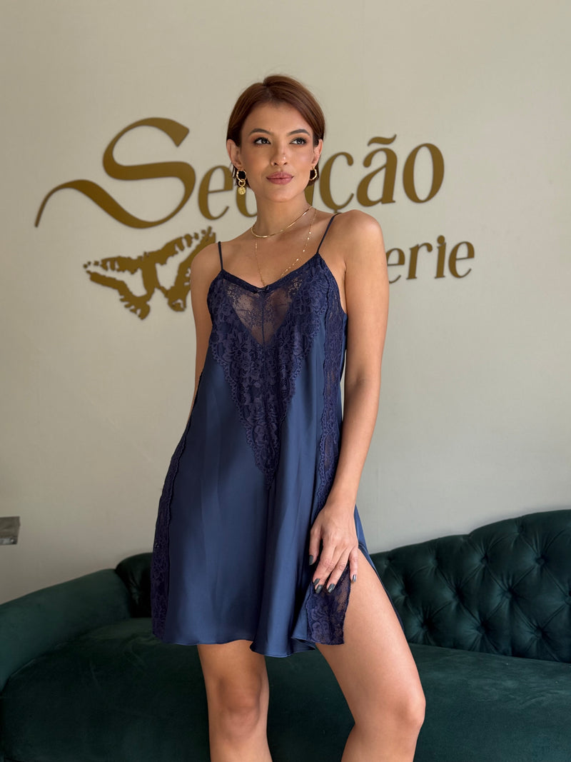 Camisola Cetim Renda Marinho