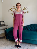 Pijama liganete vinho com nude