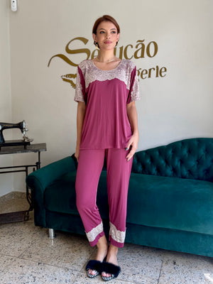 Pijama liganete vinho com nude