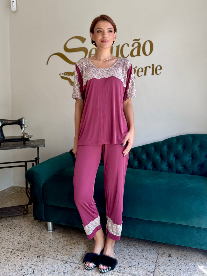 Pijama liganete vinho com nude