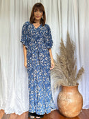 Kaftan Floral Azul Escuro longa