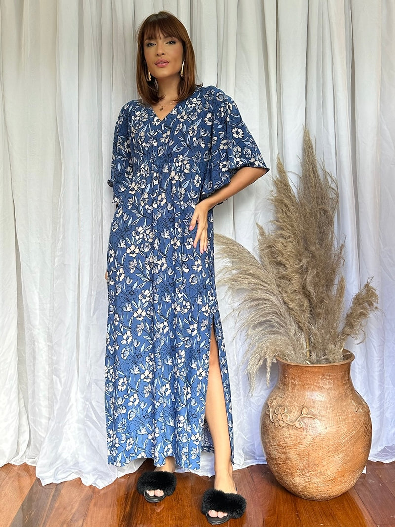 Kaftan Floral Azul Escuro longa